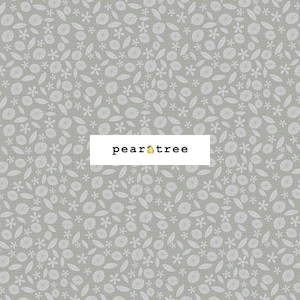 May include: A repeating pattern of white floral and leaf shapes on a gray background. The text "pear tree" is displayed in a white rectangle, with a yellow pear icon. The design has a subtle, textured appearance.