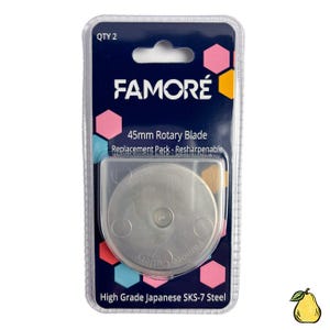May include: A package of two 45mm rotary blades for a craft cutter. The blades are made of high-grade Japanese SKS-7 steel and are resharpenable. The package is labeled "Famore" and features a pink and blue color scheme.