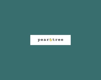 May include: A white rectangle with the text "peartree" in black font. A small yellow pear with a green leaf is centered in the text.