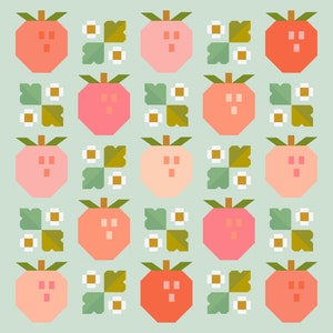 May include: A repeating pattern of peach and red stylized apples with green leaves and white flowers on a light blue background.