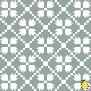 May include: A seamless pattern with a white geometric design on a light gray background. The pattern features a repeating motif of four-pointed stars with rounded edges. A yellow pear with a green leaf is in the lower right corner of the image.