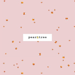 May include: A pink background with scattered candy corn illustrations. The candy corn is orange, yellow, and white. The Pear Tree logo is in a white rectangle.
