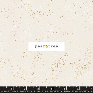 May include: Cream-colored fabric with a speckled pattern of gold and white dots. The text "pear tree" is displayed in a white rectangle. A ruler is at the bottom with the text "RUBY STAR SOCIETY".