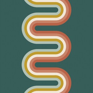May include: Abstract digital art print featuring a wavy pattern of five stripes in shades of teal, cream, gold, and rust against a dark teal background.