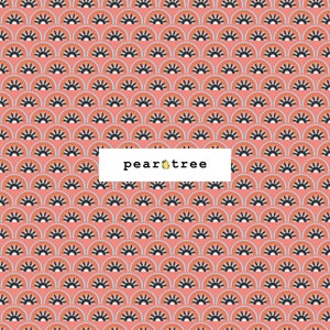 May include: A seamless pattern featuring a repeating design of colorful rainbow arches on a pink background. The arches are made up of orange, yellow, blue, and black stripes. The pattern is perfect for use in fabric, wallpaper, or other decorative applications.