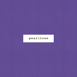May include: A white rectangle with the words "pear tree" in a black, sans-serif font, with a yellow pear icon replacing the "o" in "pear". The background is a solid, deep purple.