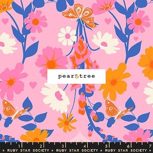 May include: A pink floral fabric design featuring orange butterflies, pink and orange flowers, white daisies, and blue leaves. The fabric has the text "pear tree" in a white rectangle. The bottom of the fabric has the text "RUBY STAR SOCIETY".