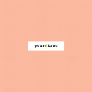 May include: A white rectangle with the text "peartree" in black font. A small yellow pear with a green leaf is centered in the text.