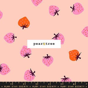 May include: A fabric pattern featuring a repeating design of pink and orange strawberries with dark green stems on a light pink background. The text "pear tree" is in a white rectangle. The bottom of the image has a ruler.