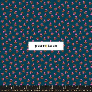 May include: A dark teal fabric featuring a repeating pattern of small pink flowers with orange stems and leaves. A white rectangular label in the center displays the text pear tree with a pear icon. A ruler at the bottom shows 7 inches.