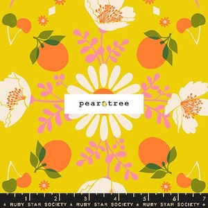 May include: A yellow fabric with a repeating pattern of white daisies, pink flowers, orange fruit, and green leaves. The fabric has the text "pear tree" printed on it.