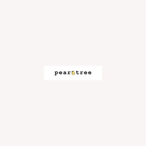 May include: A white rectangle with the text "peartree" in black font. A small yellow pear with a green leaf is centered in the text.