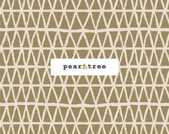 May include: A beige fabric with a white geometric pattern of overlapping triangles.