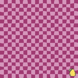 May include: A pink and white checkered pattern with a yellow pear in the bottom right corner.