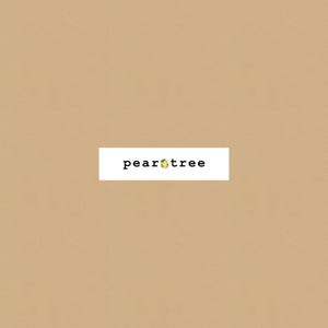 May include: The logo for Pear Tree, a business, is displayed on a white rectangular background. The text "pear tree" is in a black, sans-serif font, with a yellow pear icon replacing the "a" in "pear". The background is a solid tan color.