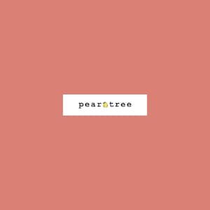 May include: A white rectangle with the text "peartree" in black font and a small yellow pear with a green leaf in the middle of the text.