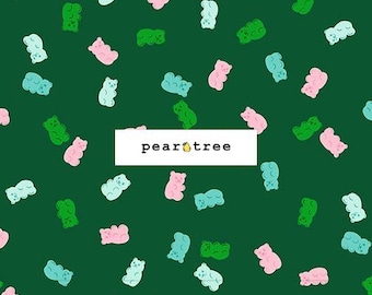 May include: A dark green fabric featuring a repeating pattern of gummy bears in light pink, light blue, and bright green. A white rectangular label with the text pear tree is centered, and a black ruler with the text RUBY STAR SOCIETY is at the bottom.