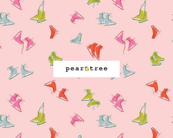 May include: A light pink fabric featuring a repeating pattern of ice skates in shades of orange, lime green, light blue, and magenta. A white rectangular label in the center displays the black text pear tree with a small yellow pear icon.