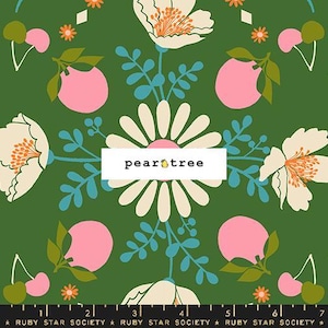 May include: Green fabric with a floral and fruit pattern. The design includes large white flowers with orange centers, pink peaches, and cherries. The text "pear tree" is in a white rectangle. The bottom of the fabric has a ruler and the text "RUBY STAR SOCIETY".