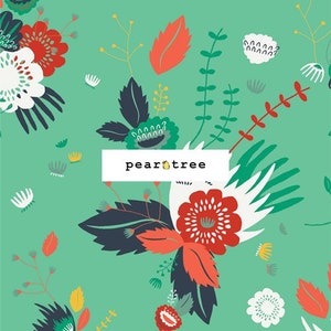 May include: A green background with a floral pattern featuring red, white, and blue flowers. The text "peartree" is in the center of the image.