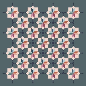 May include: A repeating pattern of teal, pink, and orange star-shaped tiles on a dark teal background.