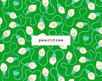 May include: A vibrant green fabric featuring a repeating pattern of cream-colored light bulbs connected by teal electrical cords and plugs. A white rectangular label with the text pear tree is centered, and a ruler is visible at the bottom.