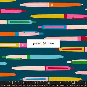 May include: A fabric pattern featuring colorful pens in shades of pink, orange, yellow, and blue on a dark teal background. Some pens have star accents. The text "pear tree" is in a white rectangle.