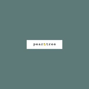 May include: A white rectangle with the text "peartree" in black font and a small yellow pear with a green leaf in the middle of the text.