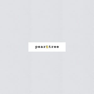 May include: A white rectangle with the text "peartree" in black font. A small yellow pear with a green leaf is centered in the text.