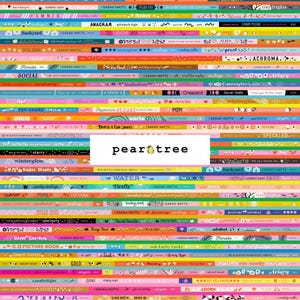 May include: A colorful, layered design featuring horizontal bands with various text and decorative elements. The bands are in a variety of colors, including pink, blue, yellow, and green. The word "pear tree" is in the center.