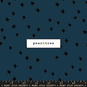 May include: A teal blue fabric with a repeating pattern of black stars. The fabric has the text "pear tree" printed on it.