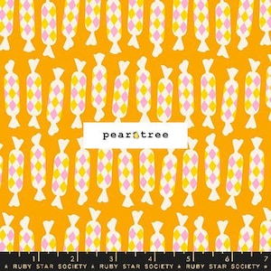 May include: A repeating pattern of candy cane-shaped designs in pink, yellow, and white on a bright orange background. The pattern is called "Candy Cane" by Pear Tree.