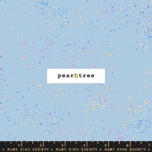 May include: Light blue fabric with a speckled pattern in shades of purple, yellow, and blue. The text "pear tree" is displayed on a white rectangle. The bottom of the image has a ruler and the text "RUBY STAR SOCIETY".