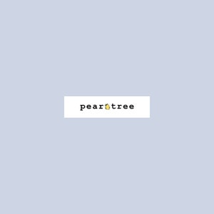 May include: A white rectangle with the text "peartree" in black font and a yellow pear with a green leaf in the middle of the text.
