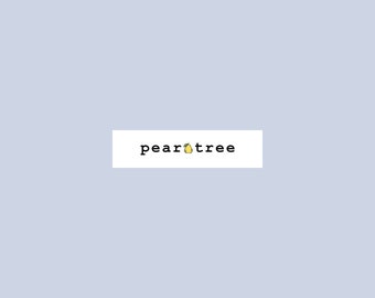 May include: A white rectangle with the text "peartree" in black font and a yellow pear with a green leaf in the middle of the text.