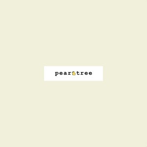 May include: A white rectangle with the text "peartree" in black font and a small yellow pear with a green leaf in the middle of the text.
