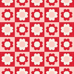 May include: A repeating pattern of red and off-white stylized flowers on a grid. The flowers have eight petals and a lighter center. The background alternates between a solid red and a lighter pinkish-red.