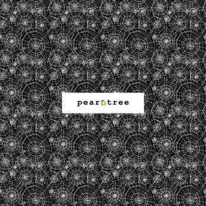 May include: A black and white pattern featuring a repeating spiderweb design. The image has a high-contrast aesthetic. The text "pear tree" is displayed in a white rectangle, with a small pear graphic.