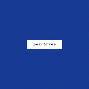 May include: The Pear Tree logo on a blue background. The logo is in a white rectangle with the words "pear tree" in a black font. The "a" in "pear" is replaced with a yellow pear icon.