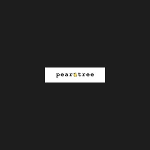 May include: A white rectangle with the text "peartree" in black font and a yellow pear with a green leaf in the middle of the text.