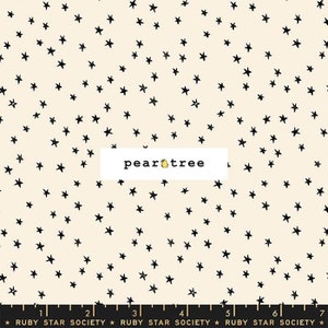 May include: A cream-colored fabric with a repeating pattern of black stars. The fabric is labeled "pear tree" and "RUBY STAR SOCIETY".