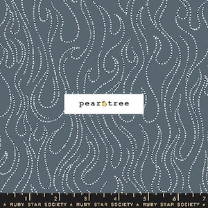 May include: A seamless fabric pattern with a blue background and white dotted lines forming a wavy, abstract design. The text "pear tree" is printed in yellow on a white rectangle.