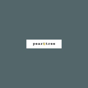 May include: A white rectangle with the text "peartree" in black font and a small yellow pear with a green leaf in the middle of the text.
