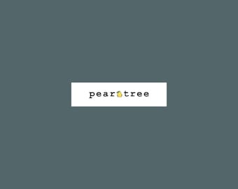 May include: A white rectangle with the text "peartree" in black font and a small yellow pear with a green leaf in the middle of the text.