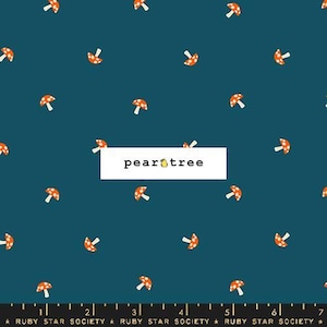 May include: Teal fabric with a repeating pattern of orange mushrooms with white spots. The fabric has the text "pear tree" printed on it.