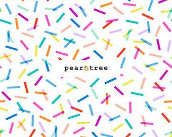May include: White fabric with a scattered pattern of colorful, thin, rectangular shapes. The text "peartree" is centered in the fabric.