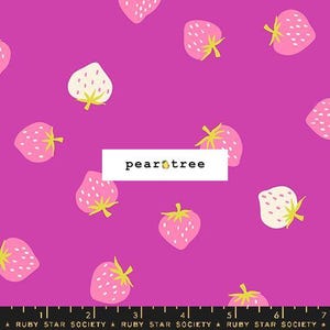 May include: A vibrant magenta fabric with a repeating pattern of pink and white strawberries. The strawberries have yellow stems and white seeds. The text "pear tree" is in a white rectangle.