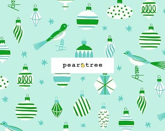 May include: A light mint green fabric featuring a repeating pattern of white and green Christmas ornaments, small birds, and stars. The text "pear tree" is centered, and the bottom edge shows a black ruler with "RUBY STAR SOCIETY" printed.