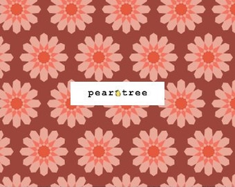 May include: A repeating pattern of pink and red geometric flowers on a dark red background. The flowers are made up of multiple points and have a starburst effect.