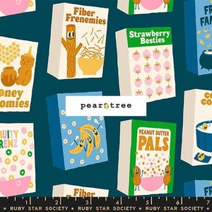 May include: A fabric pattern featuring cartoon cereal boxes with names like "Fiber Frenemies" and "Strawberry Besties" on a dark teal background. The boxes have colorful illustrations of food items and characters. The text "pear tree" is also visible.